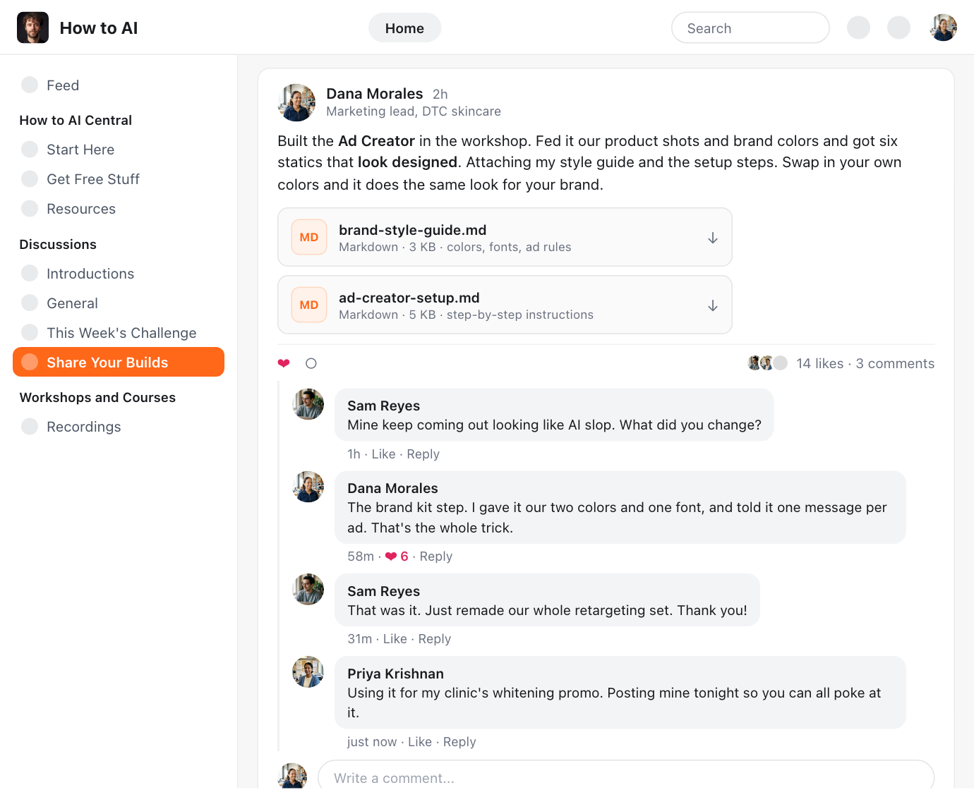 A community thread: a member posts the static ads she made with the Ad Creator, another member asks how